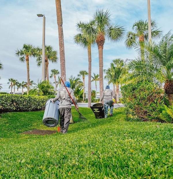 Landscape maintenance team performing cleanup and debris removal for HOA landscape services in Delray Beach, FL-2