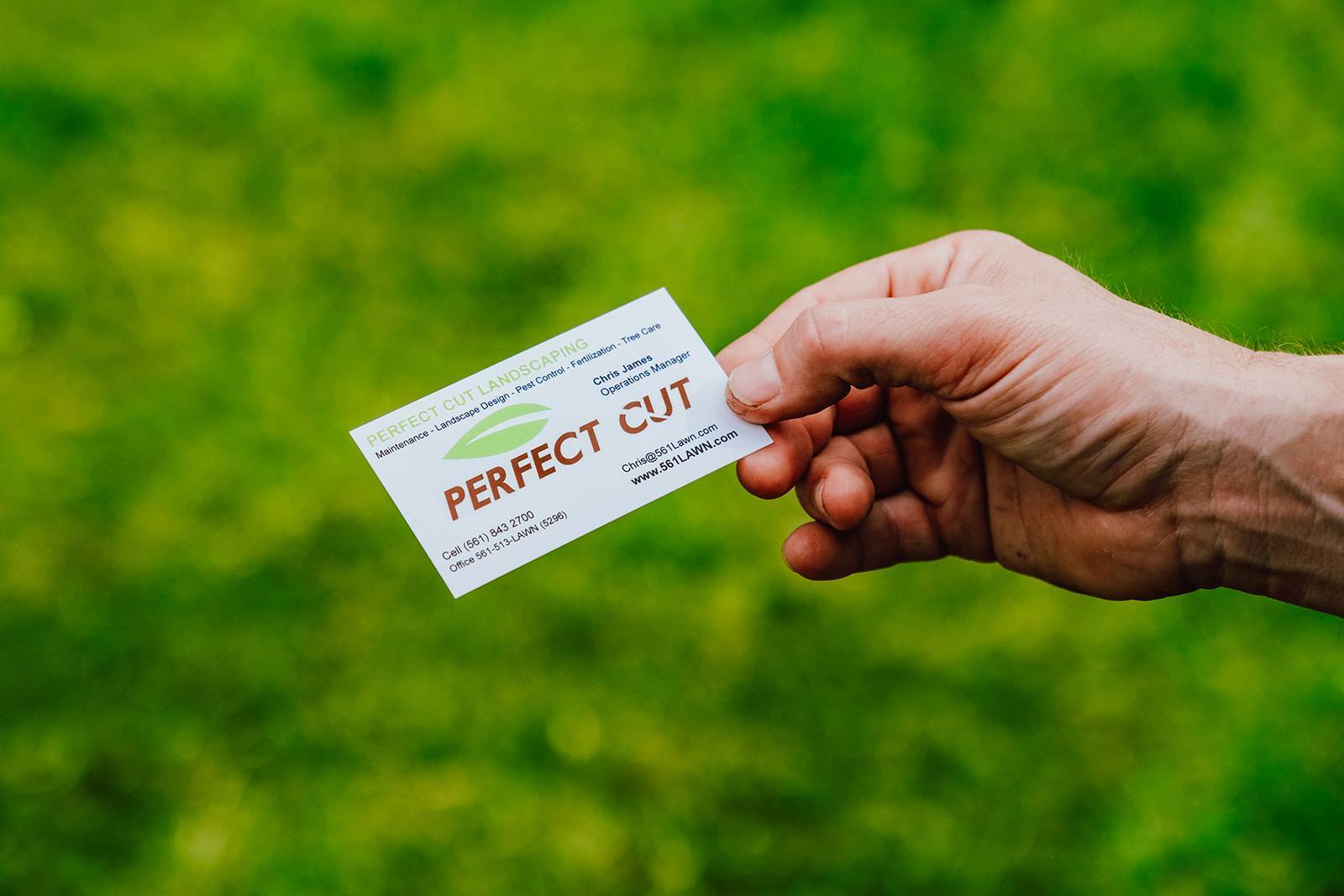 Perfect Cut commercial landscaping business card for estate management services in Boca Raton, FL